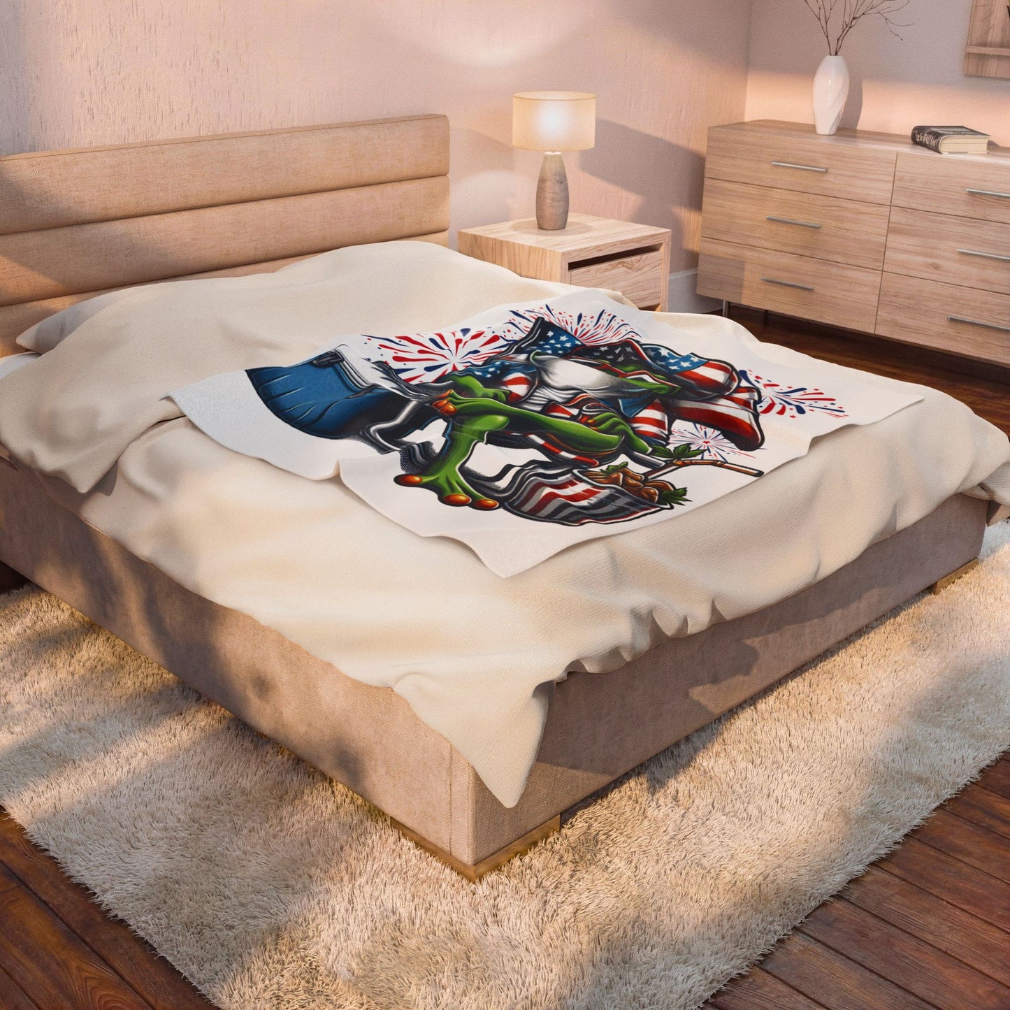 Patriotic Frog With American Flag & Fireworks Velveteen Plush Blanket