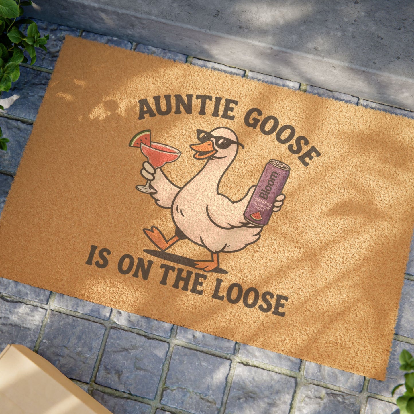Doormat — “Auntie Goose Is On The Loose” Funny Tropical Welcome Mat