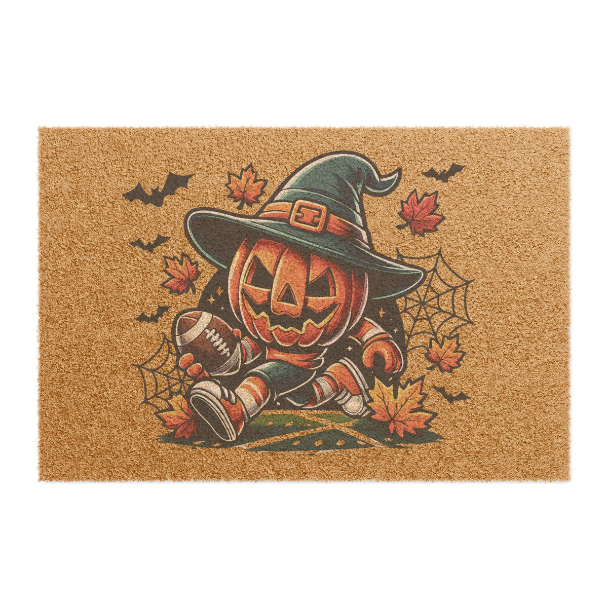 Halloween Pumpkin Football Doormat — Jack-O'-Lantern Trick-or-Treat Welcome Mat