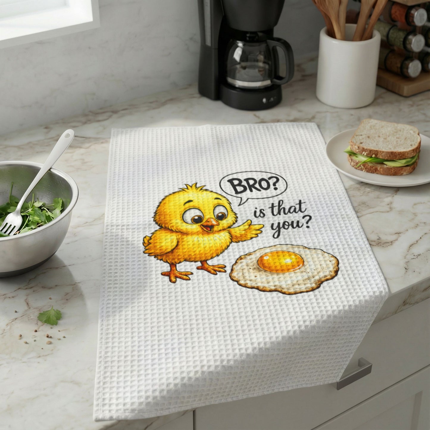 Cute Chick & Fried Egg “Bro? Is That You?” Waffle Weave Hand Towel