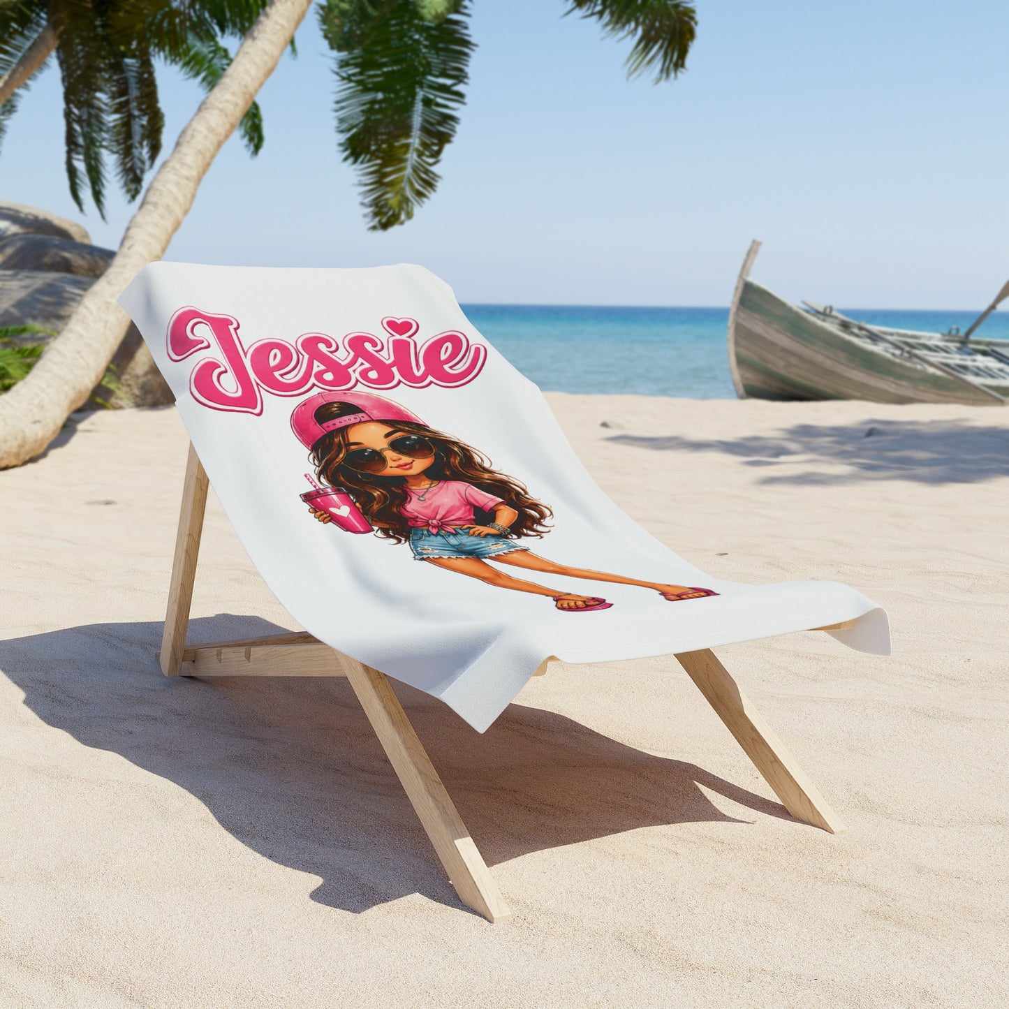 Personalized 'Jessie' Beach Towel — Cute Girly Cartoon Design, Summer Pool & Beach Towel