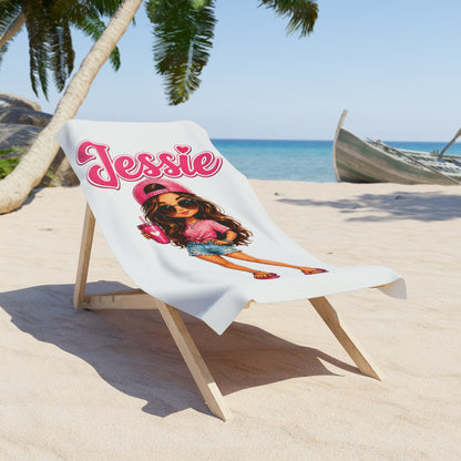 Personalized 'Jessie' Beach Towel — Cute Girly Cartoon Design, Summer Pool & Beach Towel