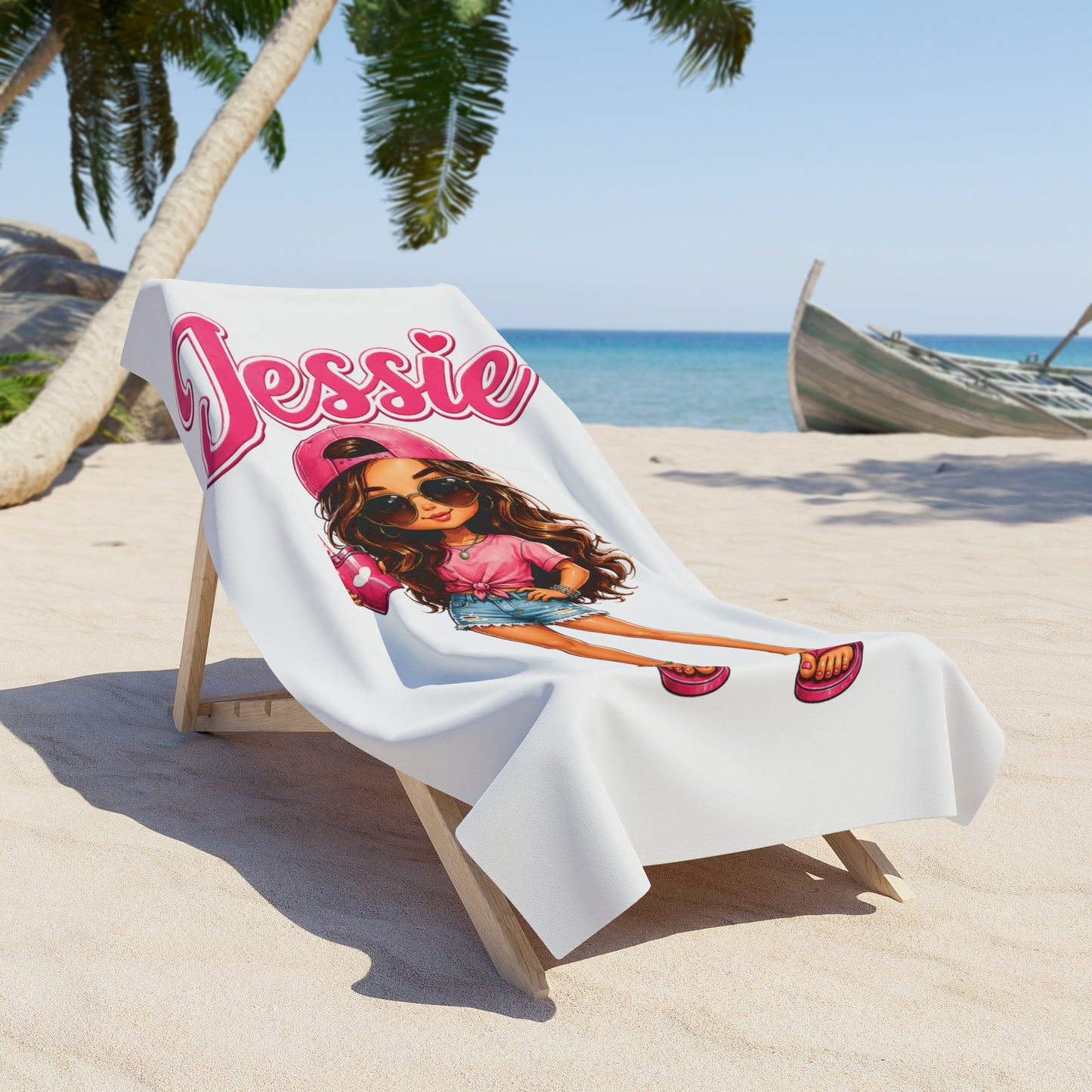 Personalized 'Jessie' Beach Towel — Cute Girly Cartoon Design, Summer Pool & Beach Towel