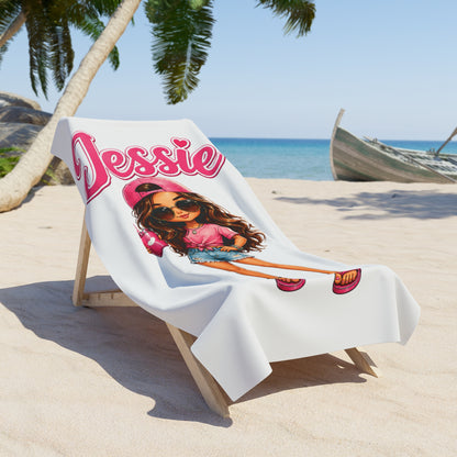 Personalized 'Jessie' Beach Towel — Cute Girly Cartoon Design, Summer Pool & Beach Towel