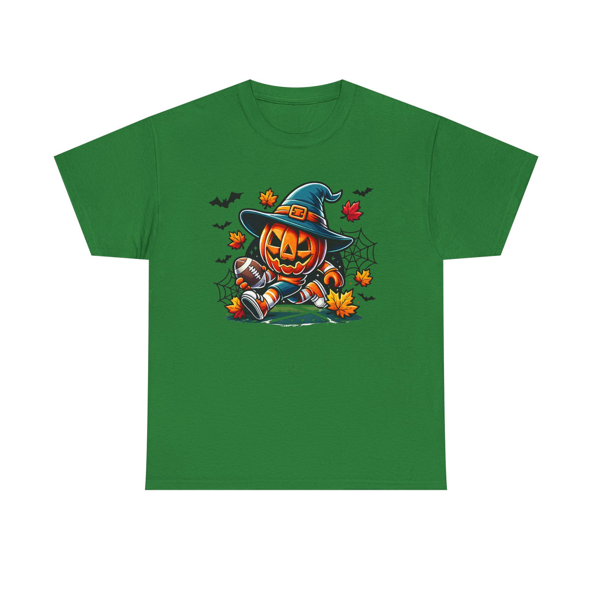 Pumpkin Witch Halloween T-Shirt – Jack-O'-Lantern with Witch Hat & Autumn Leaves