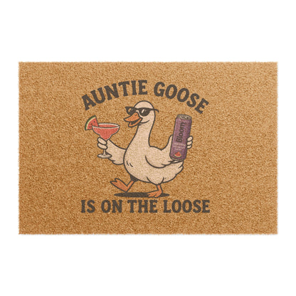 Doormat — “Auntie Goose Is On The Loose” Funny Tropical Welcome Mat