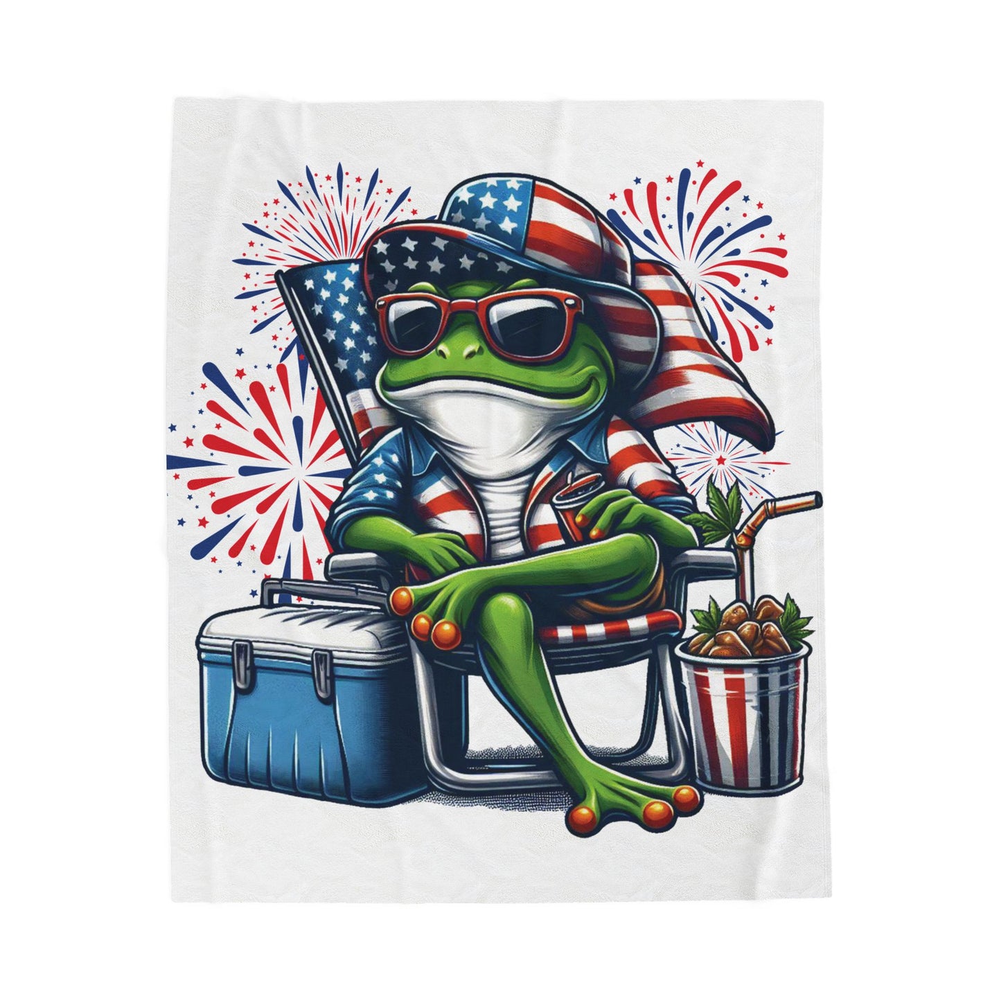Patriotic Frog With American Flag & Fireworks Velveteen Plush Blanket