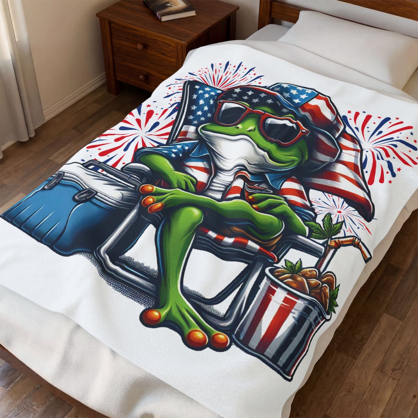 Patriotic Frog With American Flag & Fireworks Velveteen Plush Blanket