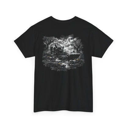 Black Gothic Train T‑Shirt — Haunted Locomotive Nightscape Tee