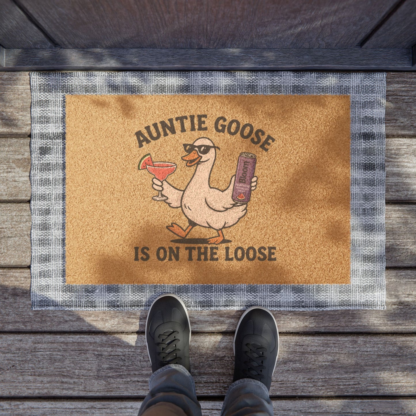 Doormat — “Auntie Goose Is On The Loose” Funny Tropical Welcome Mat