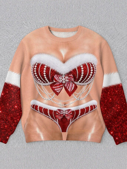 Womens 3D Printed Christmas Sweater Pullover Fleece Knit Top