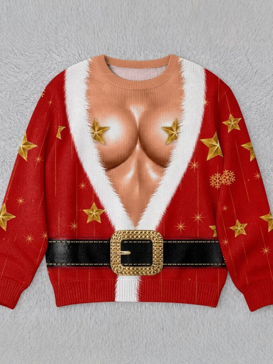 Womens 3D Printed Christmas Sweater Pullover Fleece Knit Top